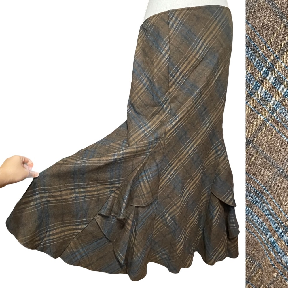 Wool Plaid Maxi Skirt NEW 14 Layered Brown Blue Ruffle Hem Lagenlook Long